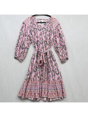 Knox Rose Pink Paisley Floral A-Line Dress Small 3/4 Sleeve Boho Tiered Midi